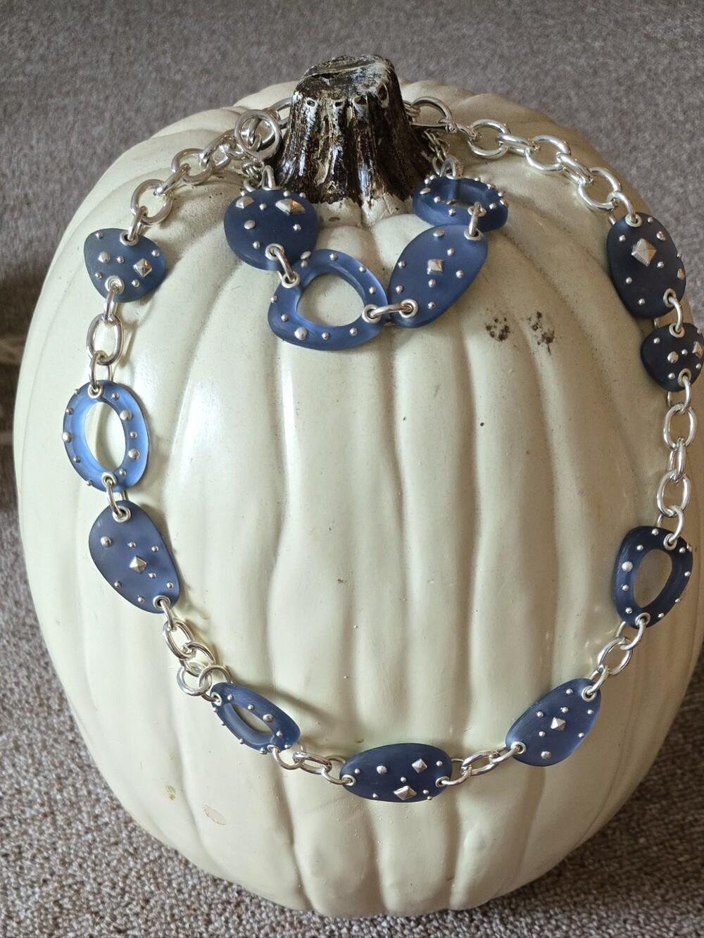 Blue Resin Linked Necklace and Bracelet with Silver Accents - Women Jewelry